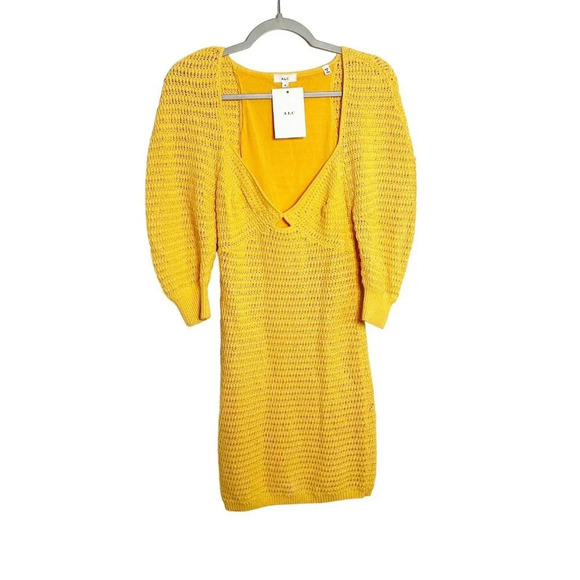 A.L.C. Gigi Crochet Knit Dress Yellow Women's Size Medium Elastic Cuffs Mini - Picture 2 of 7